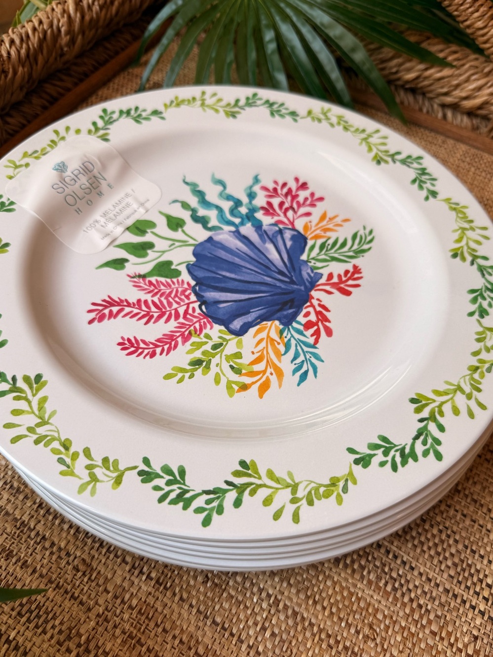 Sigrid Olsen White Seashell Melamine Plate with Seaweed Mermaid Beach